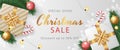 Christmas sale banner template with realistic christmas elements. Royalty Free Stock Photo