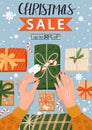 Christmas sale banner. Woman`s hands wrapping Christmas presents. Preparing for New Year.