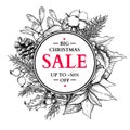 Christmas sale banner wreath. Vector hand drawn illustration wit