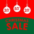 Christmas sale banner. Xmas sale and discount design template with Christmas balls and 20, 30, 50 percent price off tags. Vector i Royalty Free Stock Photo