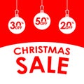 Christmas sale banner. Xmas sale and discount design template with Christmas balls and 20, 30, 50 percent price off tags. Vector i Royalty Free Stock Photo