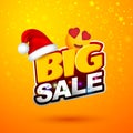 After Christmas sale. Big sale banner with red hat and color light. Cartoon style.