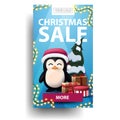 Christmas sale, blue vertical discount with purple button, penguin in Santa Claus hat with presents and Christmas tree isolated.