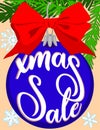 Christmas sale bright colorful poster with tree branch, decorations, ribbon and snowflakes