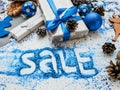 Christmas sale gift boxes blue glitter ornament Royalty Free Stock Photo