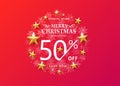 Christmas sale concept on bright red background. Snowflakes in the round frame