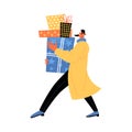 Christmas sale concept. Funny man carries boxes and packages. Isolated illustration Royalty Free Stock Photo
