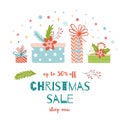 Christmas Sale design templ Gift present boxes text Christmas Sale Discount banner Cute Gifts heap Vector stock