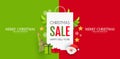 Christmas Sale design template with cute papercraft Santa Claus, shopping bag and holiday decoration