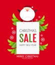 Christmas Sale design template with cute papercraft Santa Claus, shopping bag and holiday decoration