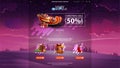 Christmas sale design website template with discount banner, beautiful icons and winter landscape on the background