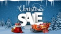 Christmas sale, discount banner with Santa Claus bag, Santa Sleigh with presents, white volumetric letters and winter landscape