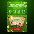 Christmas sale and discount week, green web banner with button, countdown timer to the end of discounts, Christmas candle Royalty Free Stock Photo
