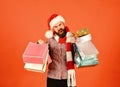 Christmas sale and discounts concept. Man with beard Royalty Free Stock Photo