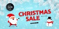 Christmas sale, discounts. Festive advertising banner with fun New Year characters and symbols. Santa Claus, Snowman, Snow, Royalty Free Stock Photo