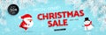 Christmas sale, discounts. Festive advertising banner with fun New Year symbols and symbols. Santa Claus is skating. Snowman is