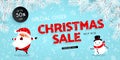 Christmas sale, discounts. Festive advertising banner with fun New Year symbols and symbols. Santa Claus is skating. Snowman is