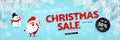 Christmas sale, discounts. A festive banner. Santa Claus and Snowman announces discounts through a megaphone. Snow, branches of Royalty Free Stock Photo