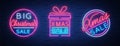 Christmas sale discounts, a set of cards in neon-style. Collection of Neon signs, bright poster, luminous night