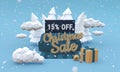 Christmas sale 15% fifteen percent off 3d illustration in cartoon style. Xmas discount concept.