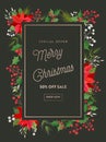 Christmas Sale flyer, Holiday Poinsettia flowers, Holly berries vector illustration banner, Xmas special promotion