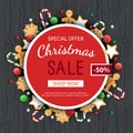 Christmas sale flyer template. Poster, card, label, background, banner on circle frame with sweets, cookie, lollipops.