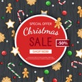 Christmas sale flyer template. Poster, card, label, background, banner on circle frame with sweets on a wooden black table. Royalty Free Stock Photo