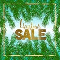 Christmas sale. Green fir branch, gold text. Vector banner.