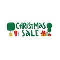 Christmas sale handwritten lettering sign with Grinch tree and gift boxes. Vector stock illustration isolated on white Royalty Free Stock Photo