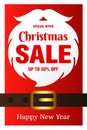 Christmas sale, Happy New Year. Christmas sale banner design with 50 Discount. Santa`s beard on a red background Royalty Free Stock Photo