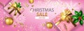 Christmas sale holiday banner, vector x-mas discount promotion background, gift box golden ball. Royalty Free Stock Photo