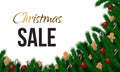 Christmas sale horizontal banner with fir brunches, gingerbread cookies and red balls