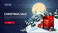 Christmas sale, horizontal discount web banner with starry night. Full blue moon with starry sky and silhouette of the planet Royalty Free Stock Photo