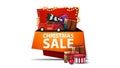 Christmas sale, isolated cartoon banner in the form of red plate with presents and red vintage car carrying Christmas tree Royalty Free Stock Photo