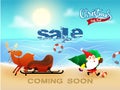 Christmas sale in July, banner, poster or flyer design with Santa Claus holding xmas tree, reindeer with sleigh and beach Royalty Free Stock Photo