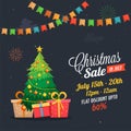 Christmas sale in July, poster, or banner template, with christmas tree and gift boxes. wth date and offers details.