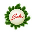 Christmas sale label on fir background, hand lettered sale text, advertising, retail