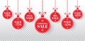 Christmas sale label set. Red xmas balls with sign special offer, final, big sale. Merry Christmas and New Year paper Royalty Free Stock Photo