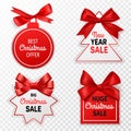 Christmas sale labels. Holidays discount price tags with red bows, promotion marketing winter event, signage stickers or