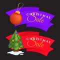 Christmas sale labels set with decorated evergreen tree and red decoration ball. Vector illustration of colorful festive tags or Royalty Free Stock Photo