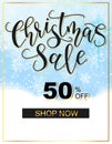 Christmas sale lettering - Elegant winter background design with hand drawn lettering and snowflakes in gold frame. Sale Royalty Free Stock Photo