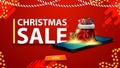 Christmas sale, modern discount banner with a smartphone from the screen which is projected Santa Claus bag with presents