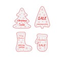Christmas sale paper tags. Labels set of shapes mitten, sock, Christmas tree with hanging with discount text for christmas holiday Royalty Free Stock Photo