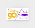 Christmas sale 90 percent discount coupon. Sale card with promo code template design. Realistic white banner on light background. Royalty Free Stock Photo