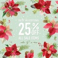 Christmas Sale Poster or Banner - with Winter Poinsettia Flowers Royalty Free Stock Photo