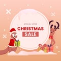 Christmas Sale Poster Design with Cartoon Squirrel, Reindeer Characters and Gift Boxes on Pink