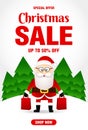 Christmas Sale poster with funny Santa Clause. Christmas sale banner design with 50% Discount Royalty Free Stock Photo