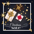 Christmas sale poster with gift box and gold bow, christmas tree. Happy New Year decoration with confetti and light Royalty Free Stock Photo