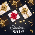 Christmas sale poster with gift box and gold bow, christmas tree. Happy New Year decoration with confetti and light Royalty Free Stock Photo