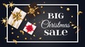 Christmas sale poster with gift box and gold bow, christmas tree. Happy New Year decoration with confetti and light Royalty Free Stock Photo